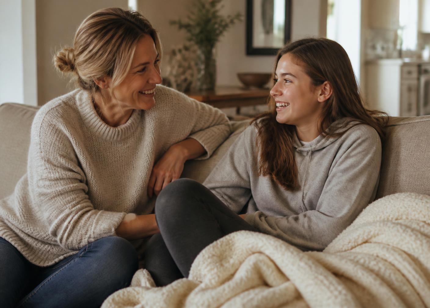 A parent and teenager talking on the couch at home