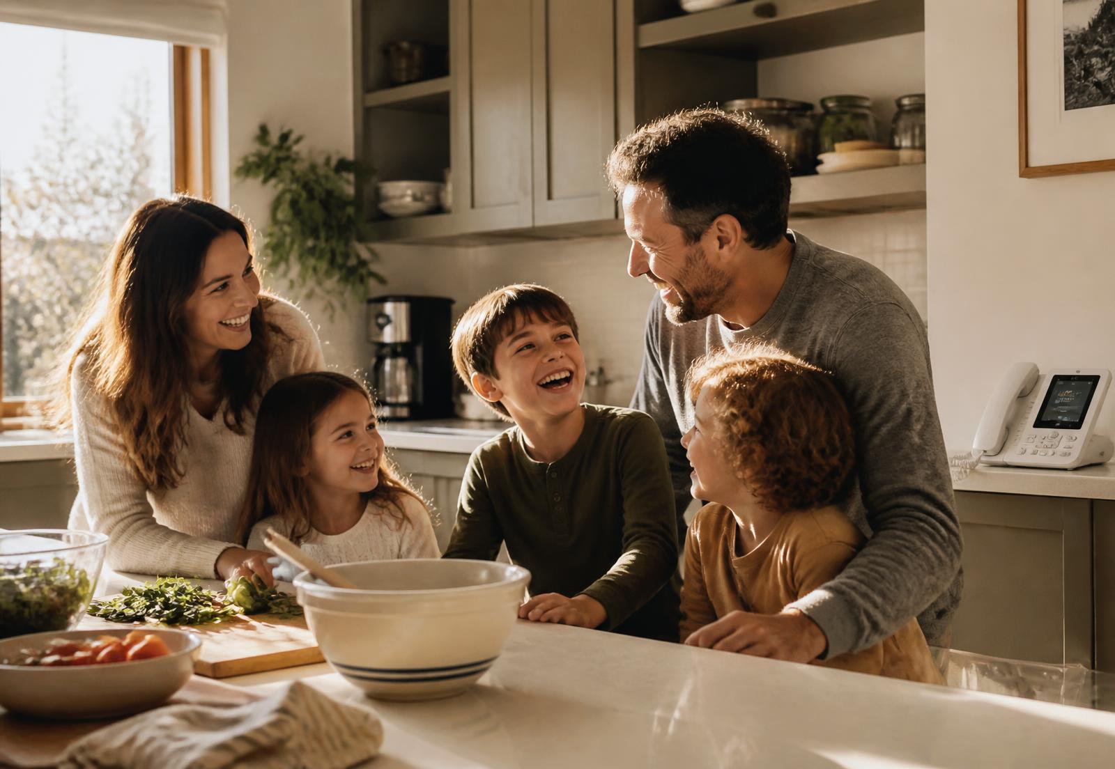 A family laughing together in a sunlit kitchen with the HomeLine phone resting on the counter
