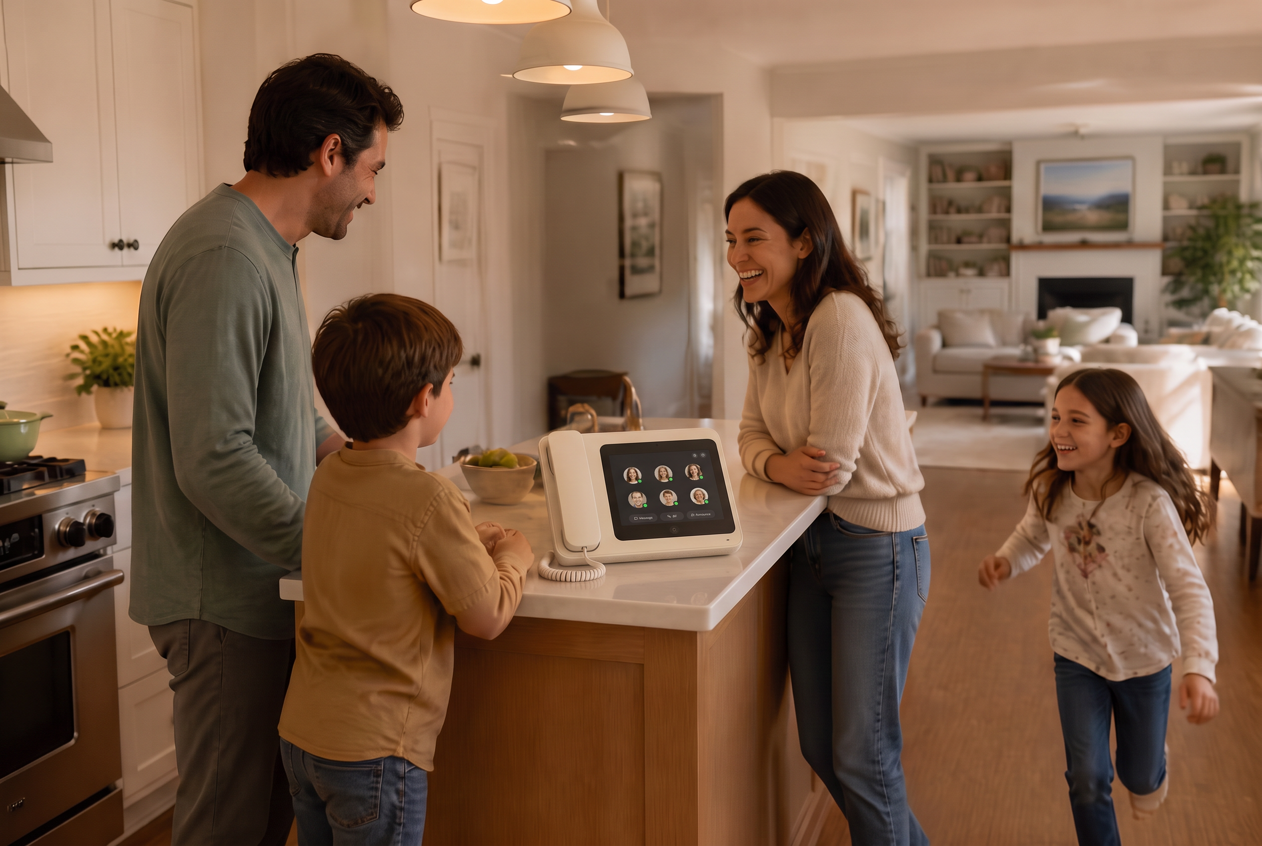 A family talking together in their kitchen with HomeLine on the counter